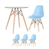 Mesa Redonda Eames Com Tampo De Vidro 70 Cm + 3 Cadeiras Eiffel Dsw Azul Claro