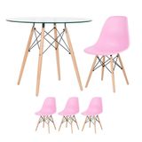 Mesa Redonda Eames Com Tampo De Vidro 90 Cm + 3 Cadeiras Eiffel Dsw Rosa