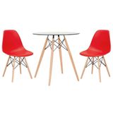 Mesa Redonda Eames Com Tampo De Vidro 70 Cm + 2 Cadeiras Eiffel Dsw Vermelho