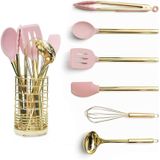 Gold &amp, Pink Kitchen Utensil Set Com Suporte - Utensílios De Cozinha Rosa:batedor De Ouro, Concha Dourada, Espátula Rosa, Pinça Dourada, Colher Ro