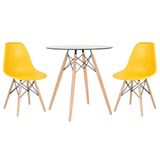 Mesa Redonda Eames Com Tampo De Vidro 70 Cm + 2 Cadeiras Eiffel Dsw Amarelo