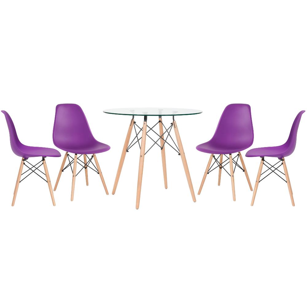 Kit - Mesa Redonda De Vidro Eames 80 Cm + 4 Cadeiras Eiffel Dsw Roxo