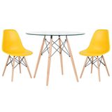 Mesa Redonda Eames Com Tampo De Vidro 80 Cm + 2 Cadeiras Eiffel Dsw Amarelo