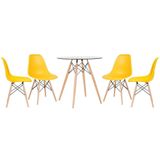 Mesa Redonda Eames Com Tampo De Vidro 70 Cm + 4 Cadeiras Eiffel Dsw Amarelo