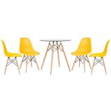 Mesa Redonda Eames Com Tampo De Vidro 70 Cm + 4 Cadeiras Eiffel Dsw Amarelo