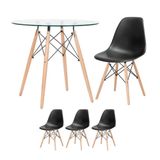 Mesa Redonda Eames Com Tampo De Vidro 80 Cm + 3 Cadeiras Eiffel Dsw Preto