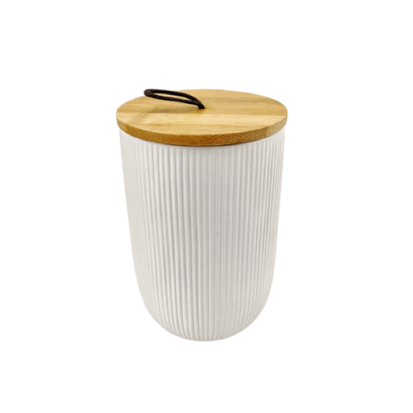 Pote De Cerâmica Com Tampa Bambu 13cm Lyor Branco