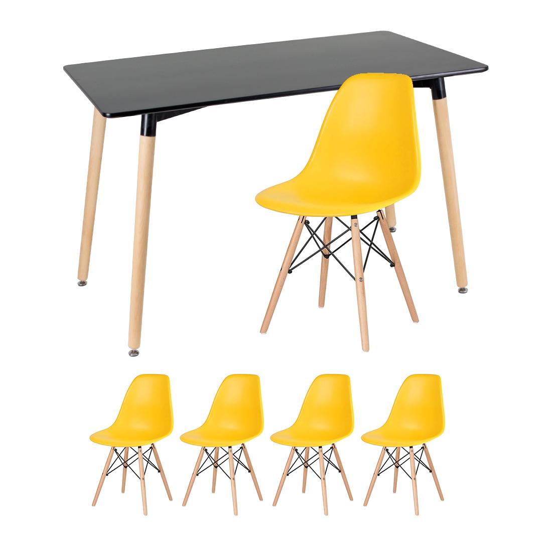 Kit - Mesa Retangular Eames 60 X 120 Cm Preto + 4 Cadeiras Eiffel Dsw Amarelo