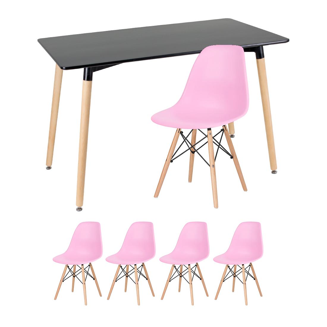 Kit - Mesa Retangular Eames 60 X 120 Cm Preto + 4 Cadeiras Eiffel Dsw Rosa Claro