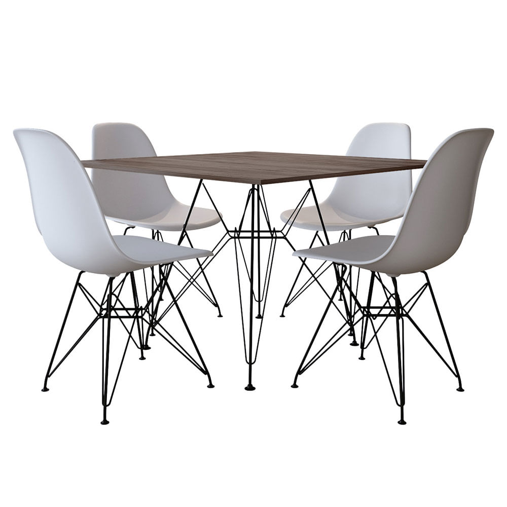 Mesa De Jantar Eames Eiffel 90cm Amêndoa Quadrada Com 4 Cadeiras Brancas Base De Ferro Preto