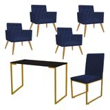 Kit Escritório 4 Poltronas Cadeira Mesa Preto Dourado Azul