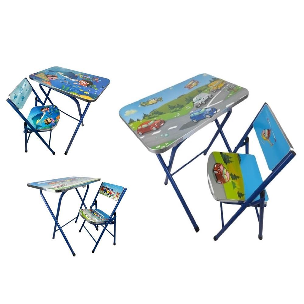 Mesa E Cadeira Infantil Dobravel Mesinha Educativa Kit Crianças Aço E Mdf Azul