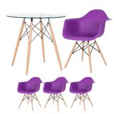 Kit - Mesa Redonda De Vidro Eames 80 Cm + 3 Cadeiras Eiffel Daw Roxo
