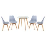 Kit - Mesa Redonda Com Tampo De Vidro 70 Cm + 4 Cadeiras Leda Cinza Claro