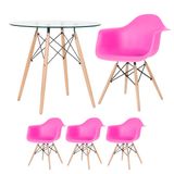 Kit - Mesa Redonda De Vidro Eames 80 Cm + 3 Cadeiras Eiffel Daw Rosa Pink