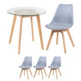 Kit - Mesa Redonda Com Tampo De Vidro 70 Cm + 3 Cadeiras Leda Cinza Claro