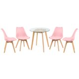 Kit - Mesa Redonda Com Tampo De Vidro 70 Cm + 4 Cadeiras Leda Rosa Claro
