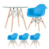 Kit - Mesa Redonda De Vidro Eames 80 Cm + 3 Cadeiras Eiffel Daw Azul Céu