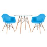 Kit - Mesa Redonda De Vidro Eames 80 Cm + 2 Cadeiras Eiffel Daw Azul Céu