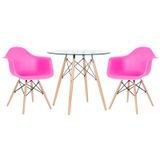 Kit - Mesa Redonda De Vidro Eames 80 Cm + 2 Cadeiras Eiffel Daw Rosa Pink
