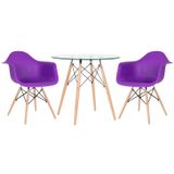 Kit - Mesa Redonda De Vidro Eames 80 Cm + 2 Cadeiras Eiffel Daw Roxo