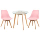 Kit - Mesa Redonda Com Tampo De Vidro 70 Cm + 2 Cadeiras Leda Rosa Claro