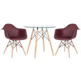 Kit - Mesa Redonda De Vidro Eames 80 Cm + 2 Cadeiras Eiffel Daw Marrom
