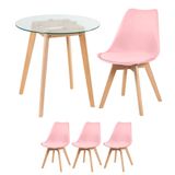 Kit - Mesa Redonda Com Tampo De Vidro 70 Cm + 3 Cadeiras Leda Rosa Claro