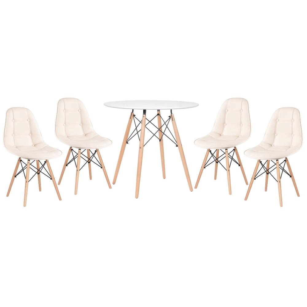 Kit - Mesa Eames Eiffel 80 cm branco + 4 cadeiras estofadas Eames Botonê creme