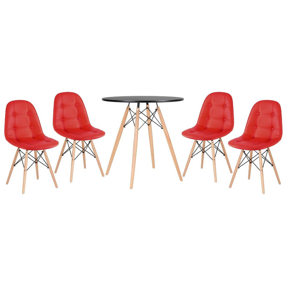 Kit - Mesa Eames 70 cm preto + 4 cadeiras estofadas Botonê vermelho