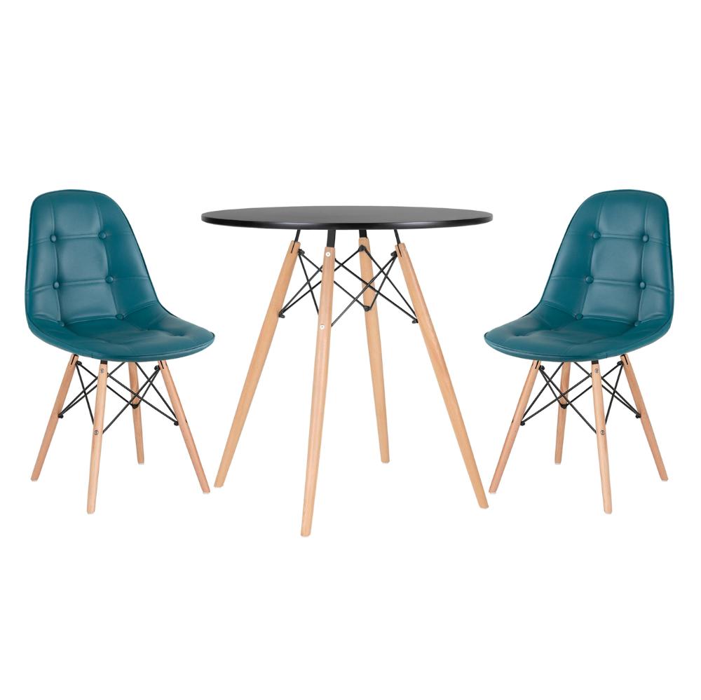 Kit - Mesa Eames 70 cm preto + 2 cadeiras estofadas Botonê turquesa