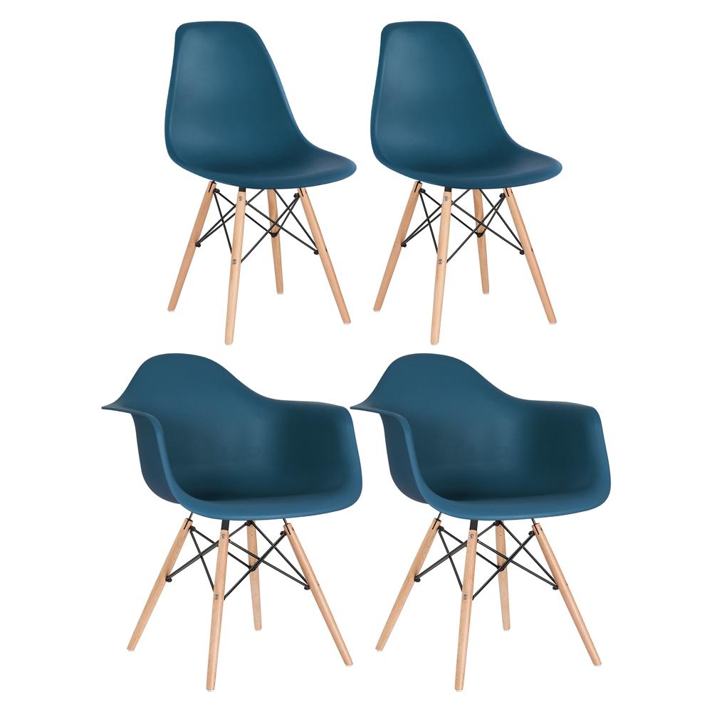 Conjunto 2 x cadeiras Eames DAW com braços + 2 cadeiras Eiffel DSW - Azul petróleo