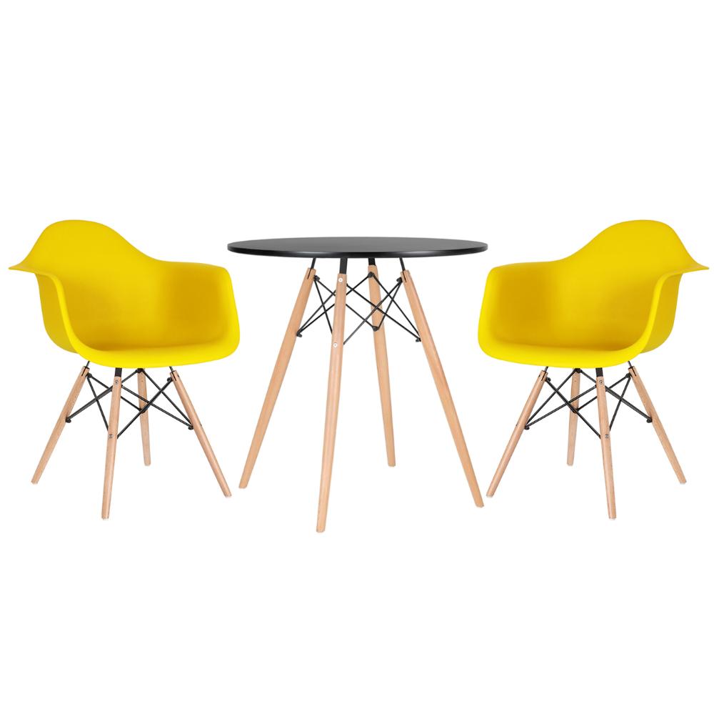 Kit - Mesa Eames 70 cm preto + 2 cadeiras Eiffel DAW com braços amarelo