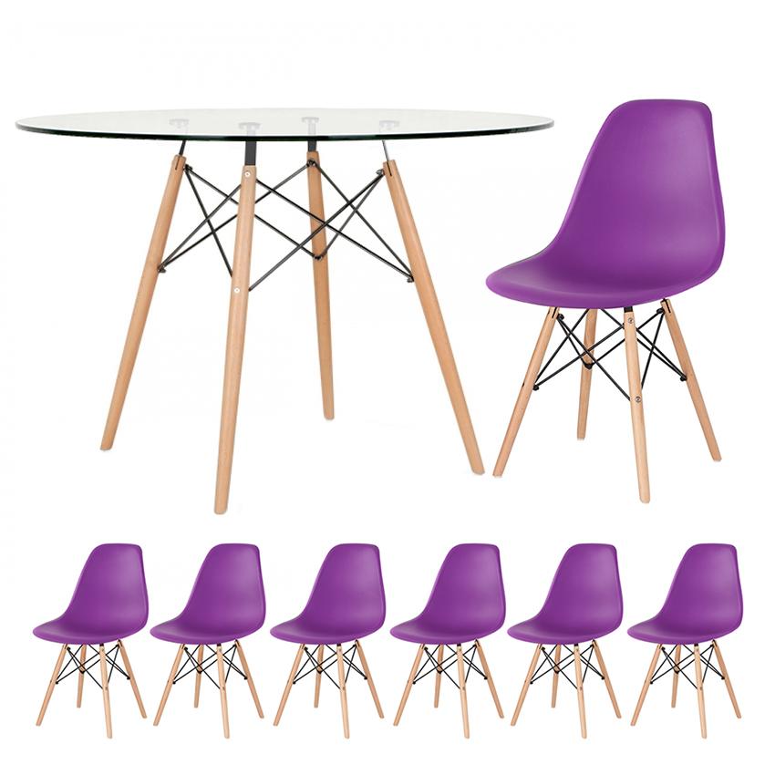 Kit - Mesa Eames Com Tampo De Vidro 120 Cm + 6 Cadeiras Eiffel Dsw Roxo