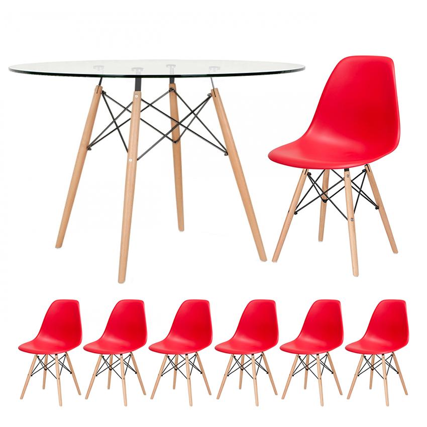 Kit - Mesa Eames Com Tampo De Vidro 120 Cm + 6 Cadeiras Eiffel Dsw Vermelho
