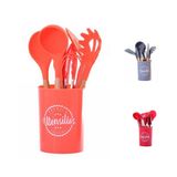 Kit Utensílios De Cozinha Silicone Madeira Completo Colheres