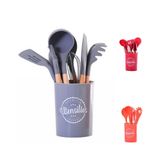 Kit Utensílios De Cozinha Silicone Madeira Completo Colheres