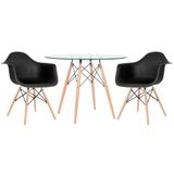 Mesa Redonda Eames Com Tampo De Vidro 100 Cm + 2 Cadeiras Eiffel Daw Preto