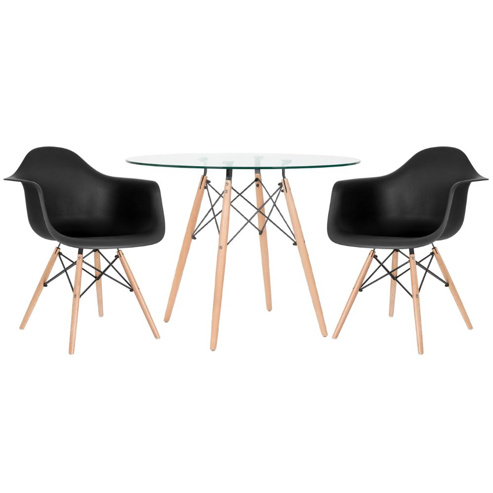 Mesa Redonda Eames Com Tampo De Vidro 100 Cm + 2 Cadeiras Eiffel Daw Preto