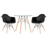 Kit - Mesa Redonda De Vidro Eames 80 Cm + 2 Cadeiras Eiffel Daw Preto