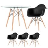 Mesa Redonda Eames Com Tampo De Vidro 100 Cm + 3 Cadeiras Eiffel Daw Preto