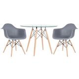 Mesa Redonda Eames Com Tampo De Vidro 100 Cm + 2 Cadeiras Eiffel Daw Cinza Escuro