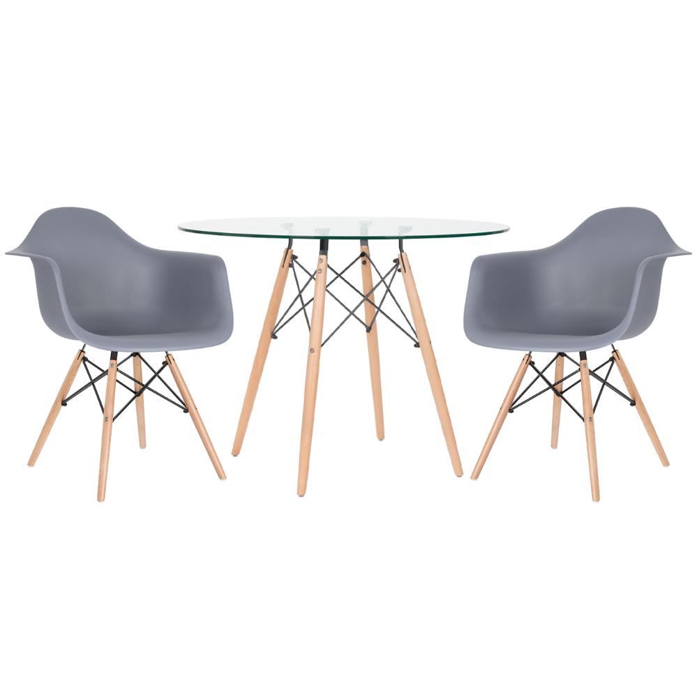 Mesa Redonda Eames Com Tampo De Vidro 100 Cm + 2 Cadeiras Eiffel Daw Cinza Escuro