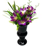 Vaso Pedestal Preto De Cerâmica Trabalhado Com Orquídea