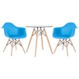 Kit - Mesa Redonda De Vidro Eames 70 Cm + 2 Cadeiras Eiffel Daw Azul Céu
