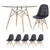 Mesa Eames Com Tampo De Vidro 120 Cm + 5 Cadeiras Estofadas Eiffel Botonê Preto