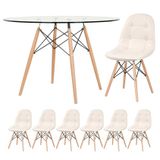 Mesa Eames Com Tampo De Vidro 120 Cm + 6 Cadeiras Estofadas Eiffel Botonê Creme