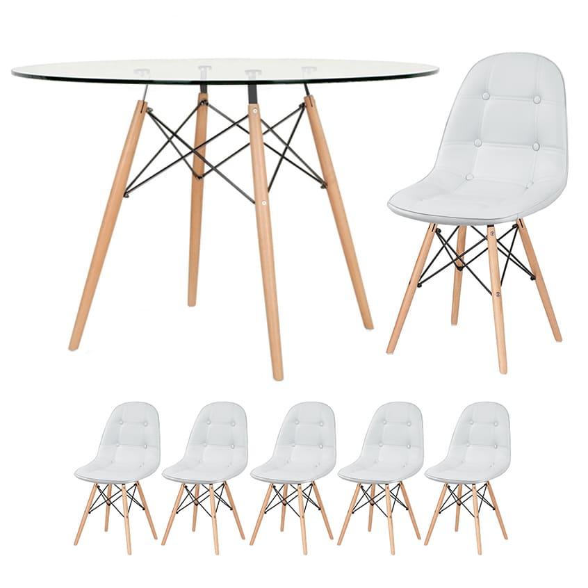 Mesa Eames Com Tampo De Vidro 120 Cm + 5 Cadeiras Estofadas Eiffel Botonê Cinza-claro