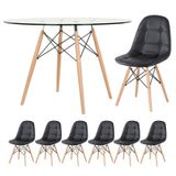 Mesa Eames Com Tampo De Vidro 120 Cm + 6 Cadeiras Estofadas Eiffel Botonê Preto