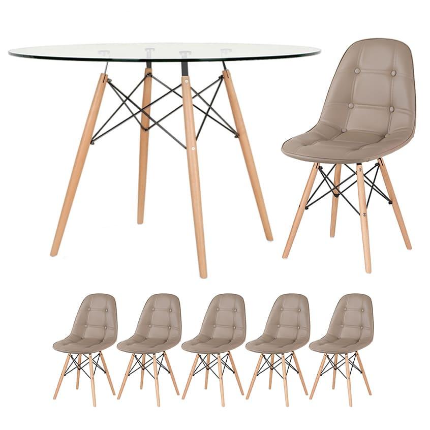 Mesa Eames Com Tampo De Vidro 120 Cm + 5 Cadeiras Estofadas Eiffel Botonê Nude